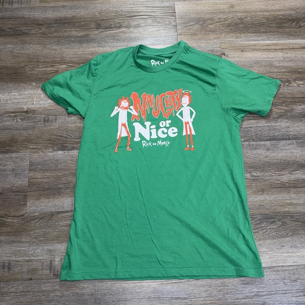 Rick and Morty Holiday Graphic Shirt Mens/Unisex L "Naughty or Nice" Spell-Out